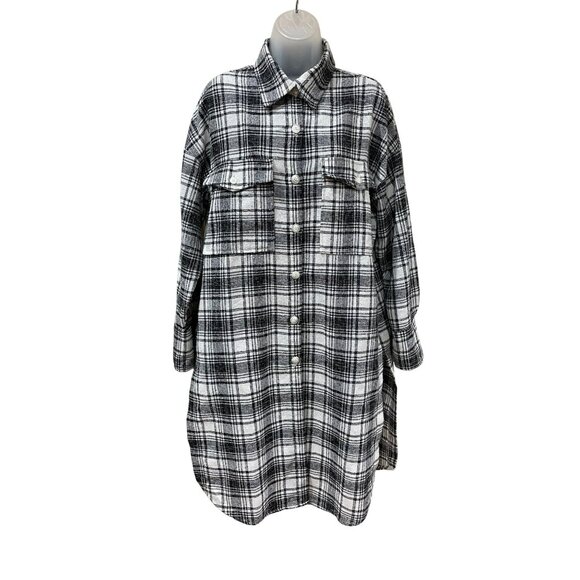 Vici Small Plaid Button-Down Longline Shirt Jacket In Black & White Oversized Si - Picture 2 of 10